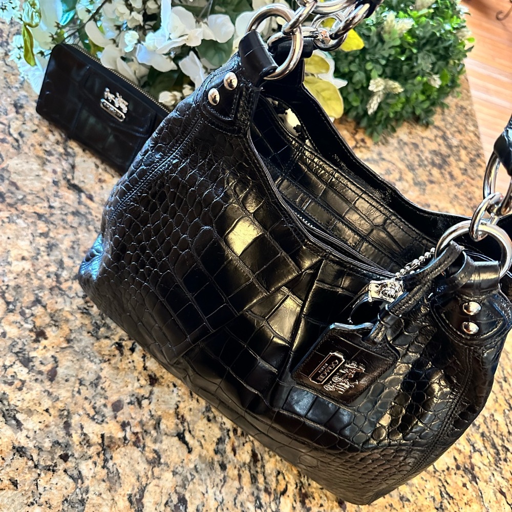 COACH ❤️ MADISON CROC EMBOSSED PATENT LEATHER ~LIMITED EDITION~ Bag & Wallet Set - Picture 2 of 15